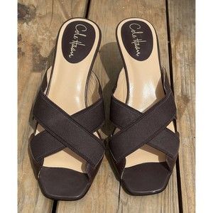 COLE HAAN WOMENS SHOES SZ..8.5 B DARK BROWN Elastic Cross Cross Slip On Heel